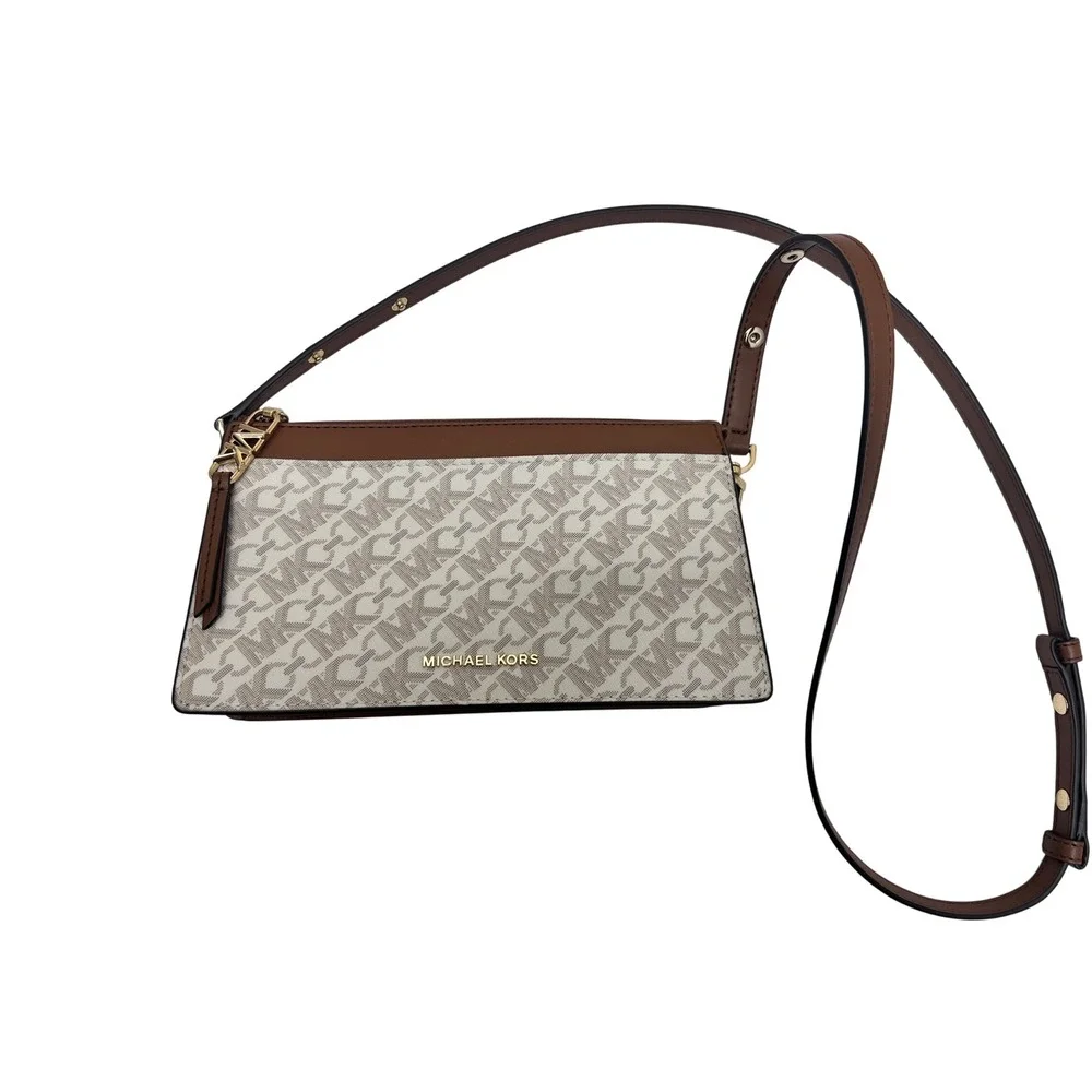 Michael Kors Crossbody Bag Women Small Brown Excellent Logo Print Gold Hardware